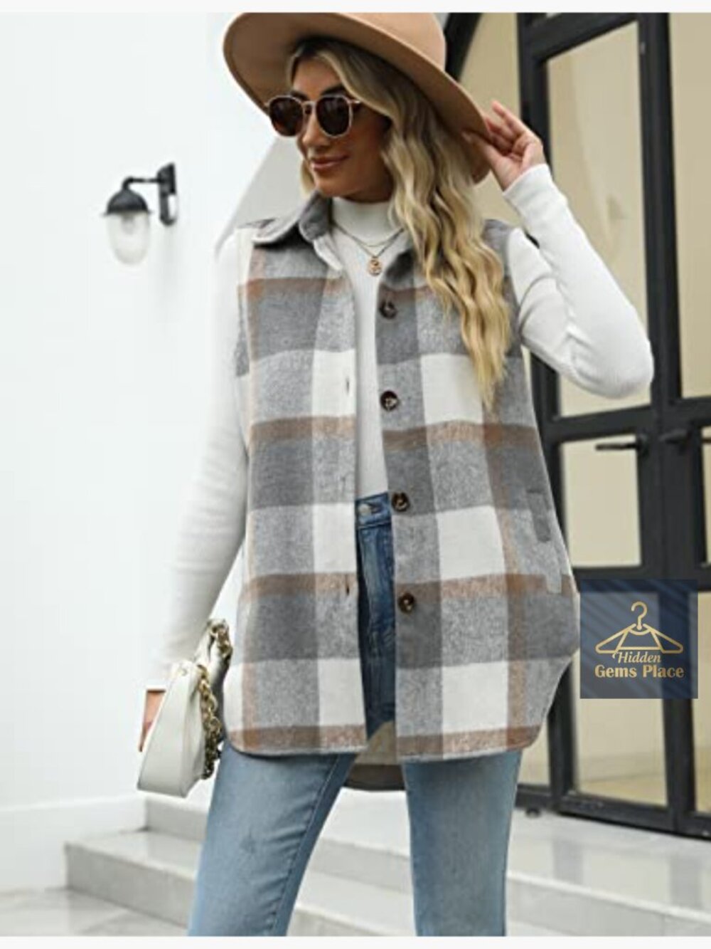 Women's Plaid Vest Brushed Flannel Sleeveless Shacket with Pockets - Picture 5 of 7